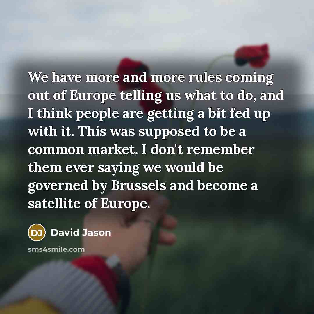 “We have more and more rules coming out of Europe telling us what to do, and I think people are getting a bit fed up with it. This was supposed to be a common market. I don't remember them ever saying we would be governed by Brussels and become a satellite of Europe.” quote by David Jason