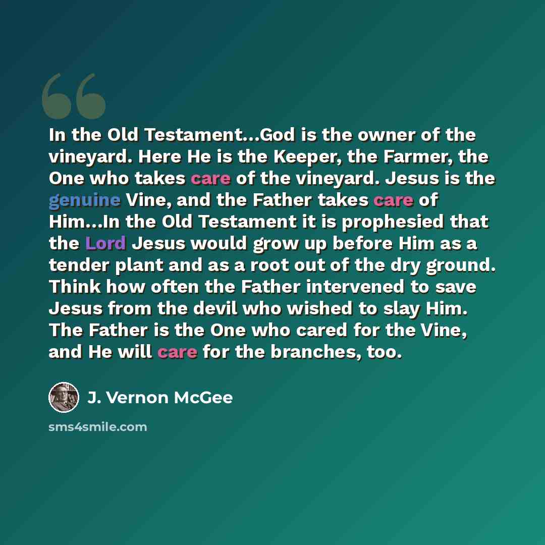 “In the Old Testament…God is the owner of the vineyard. Here He is the Keeper, the Farmer, the One who takes care of the vineyard. Jesus is the genuine Vine, and the Father takes care of Him…In the Old Testament it is prophesied that the Lord Jesus would grow up before Him as a tender plant and as…” quote by J. Vernon McGee