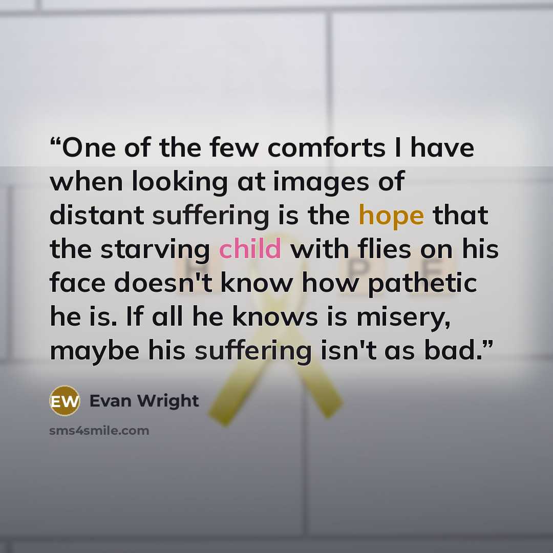 “One of the few comforts I have when looking at images of distant suffering is the hope that the starving child with flies on his face doesn't know how pathetic he is. If all he knows is misery, maybe his suffering isn't as bad.” quote by Evan Wright