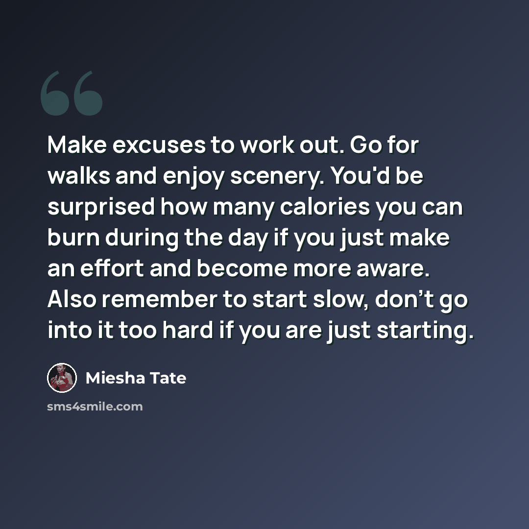 “Make excuses to work out. Go for walks and enjoy scenery. You'd be surprised how many calories you can burn during the day if you just make an effort and become more aware. Also remember to start slow, don't go into it too hard if you are just starting.” quote by Miesha Tate