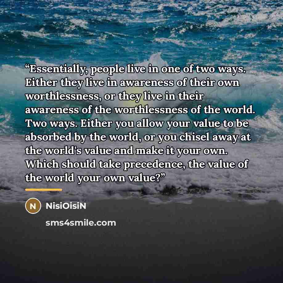“Essentially, people live in one of two ways. Either they live in awareness of their own worthlessness, or they live in their awareness of the worthlessness of the world. Two ways. Either you allow your value to be absorbed by the world, or you chisel away at the world's value and make it your own…” quote by NisiOisiN