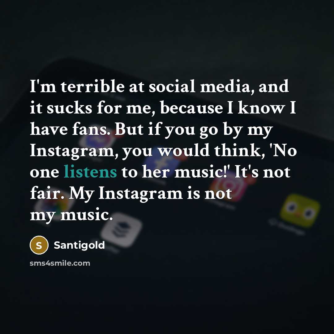 “I'm terrible at social media, and it sucks for me, because I know I have fans. But if you go by my Instagram, you would think, 'No one listens to her music!' It's not fair. My Instagram is not my music.” quote by Santigold