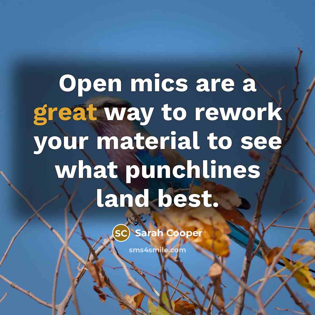 “Open mics are a great way to rework your material to see what punchlines land best.” quote by Sarah Cooper