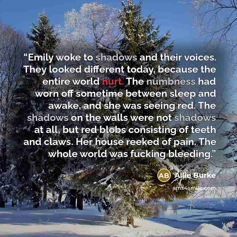 “Emily woke to shadows and their voices. They looked different today, because the entire world hurt. The numbness had worn off sometime between sleep and awake, and she was seeing red. The shadows on the walls were not shadows at all, but red blobs consisting of teeth and claws. Her house reeked of…” quote by Allie Burke