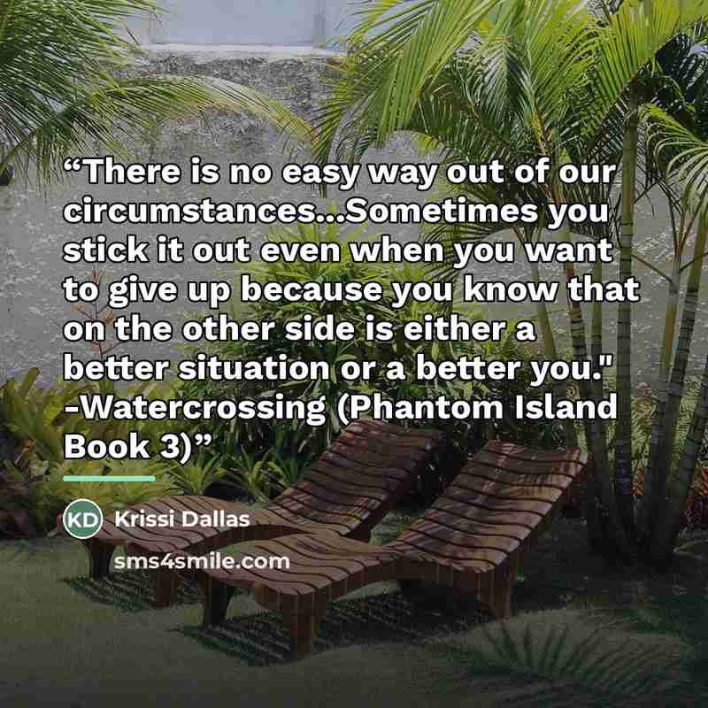 “There is no easy way out of our circumstances...Sometimes you stick it out even when you want to give up because you know that on the other side is either a better situation or a better you." -Watercrossing (Phantom Island Book 3)” quote by Krissi Dallas