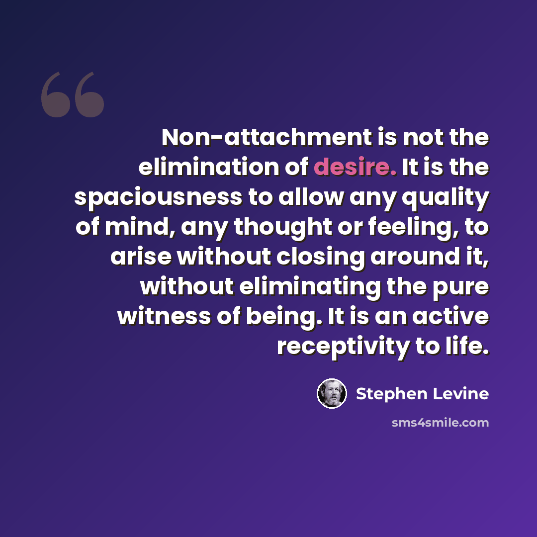 “Non-attachment is not the elimination of desire. It is the spaciousness to allow any quality of mind, any thought or feeling, to arise without closing around it, without eliminating the pure witness of being. It is an active receptivity to life.” quote by Stephen Levine