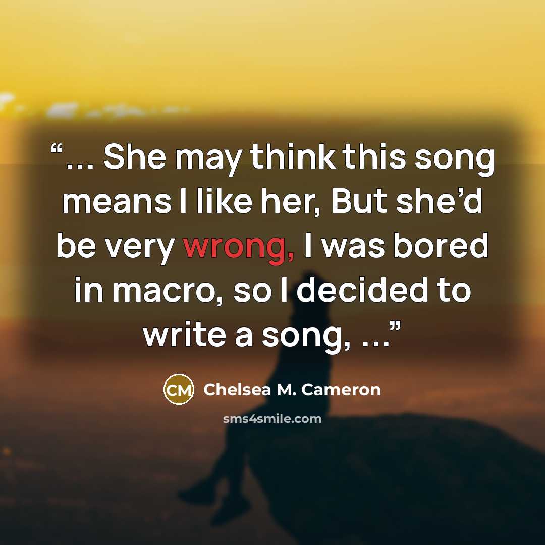 “... She may think this song means I like her, But she’d be very wrong, I was bored in macro, so I decided to write a song, ...” quote by Chelsea M. Cameron