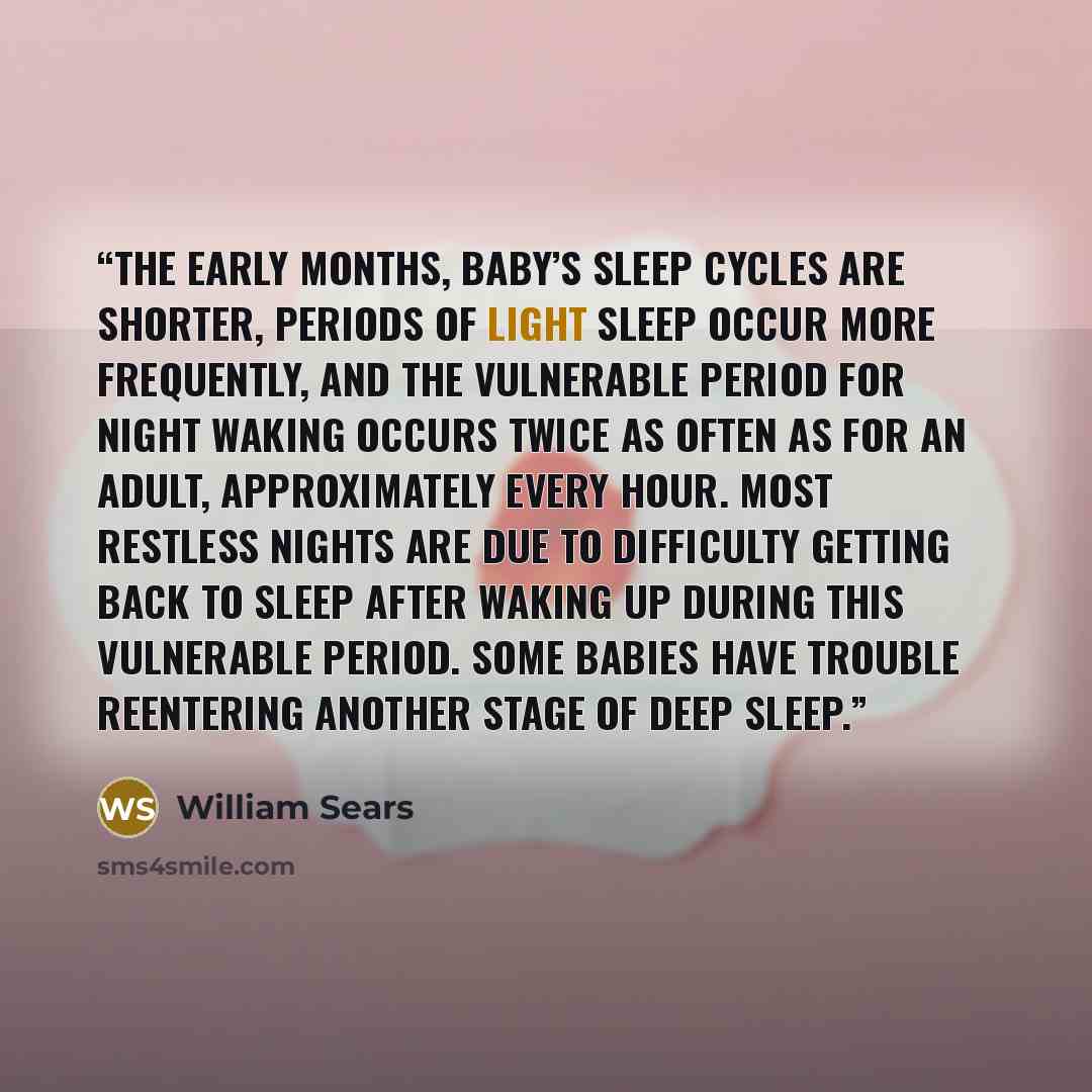 “the early months, baby’s sleep cycles are shorter, periods of light sleep occur more frequently, and the vulnerable period for night waking occurs twice as often as for an adult, approximately every hour. Most restless nights are due to difficulty getting back to sleep after waking up during this…” quote by William Sears