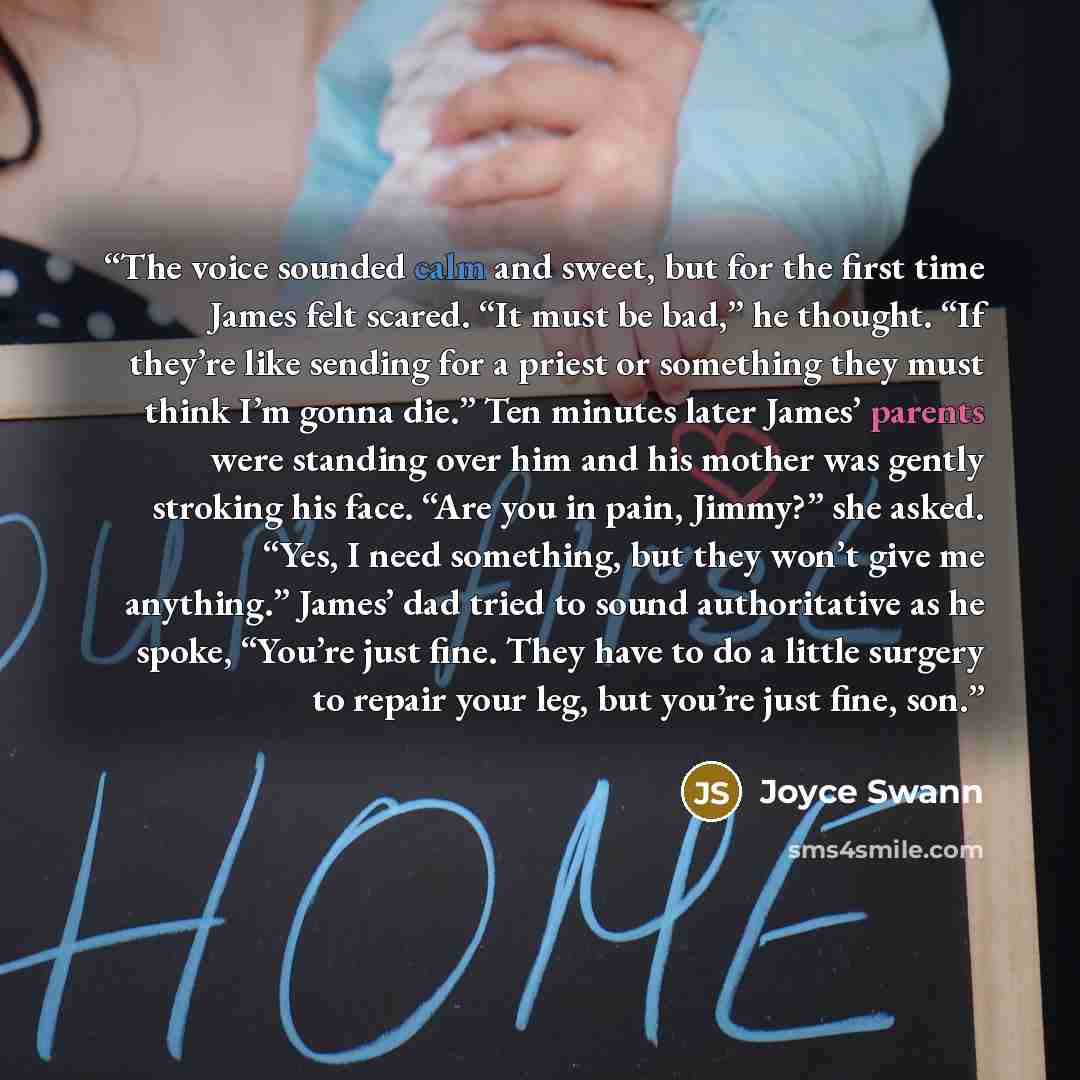 “The voice sounded calm and sweet, but for the first time James felt scared. “It must be bad,” he thought. “If they’re like sending for a priest or something they must think I’m gonna die.” Ten minutes later James’ parents were standing over him and his mother was gently stroking his face. “Are you…” quote by Joyce Swann