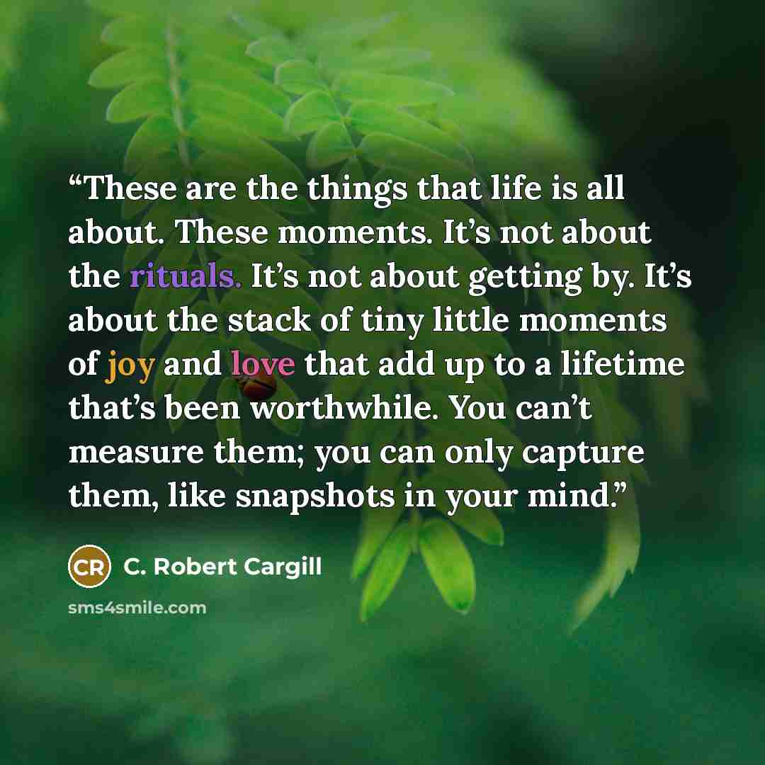 “These are the things that life is all about. These moments. It’s not about the rituals. It’s not about getting by. It’s about the stack of tiny little moments of joy and love that add up to a lifetime that’s been worthwhile. You can’t measure them; you can only capture them, like snapshots in your…” quote by C. Robert Cargill