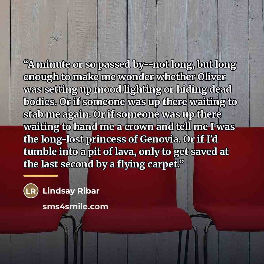 “A minute or so passed by--not long, but long enough to make me wonder whether Oliver was setting up mood lighting or hiding dead bodies. Or if someone was up there waiting to stab me again. Or if someone was up there waiting to hand me a crown and tell me I was the long-lost princess of Genovia…” quote by Lindsay Ribar