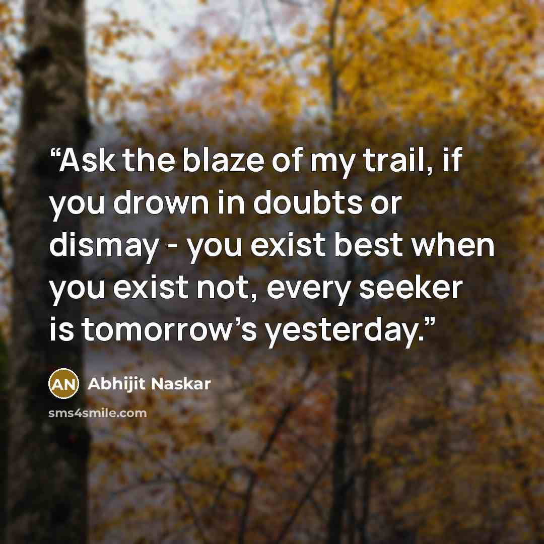 “Ask the blaze of my trail, if you drown in doubts or dismay - you exist best when you exist not, every seeker is tomorrow's yesterday.” quote by Abhijit Naskar