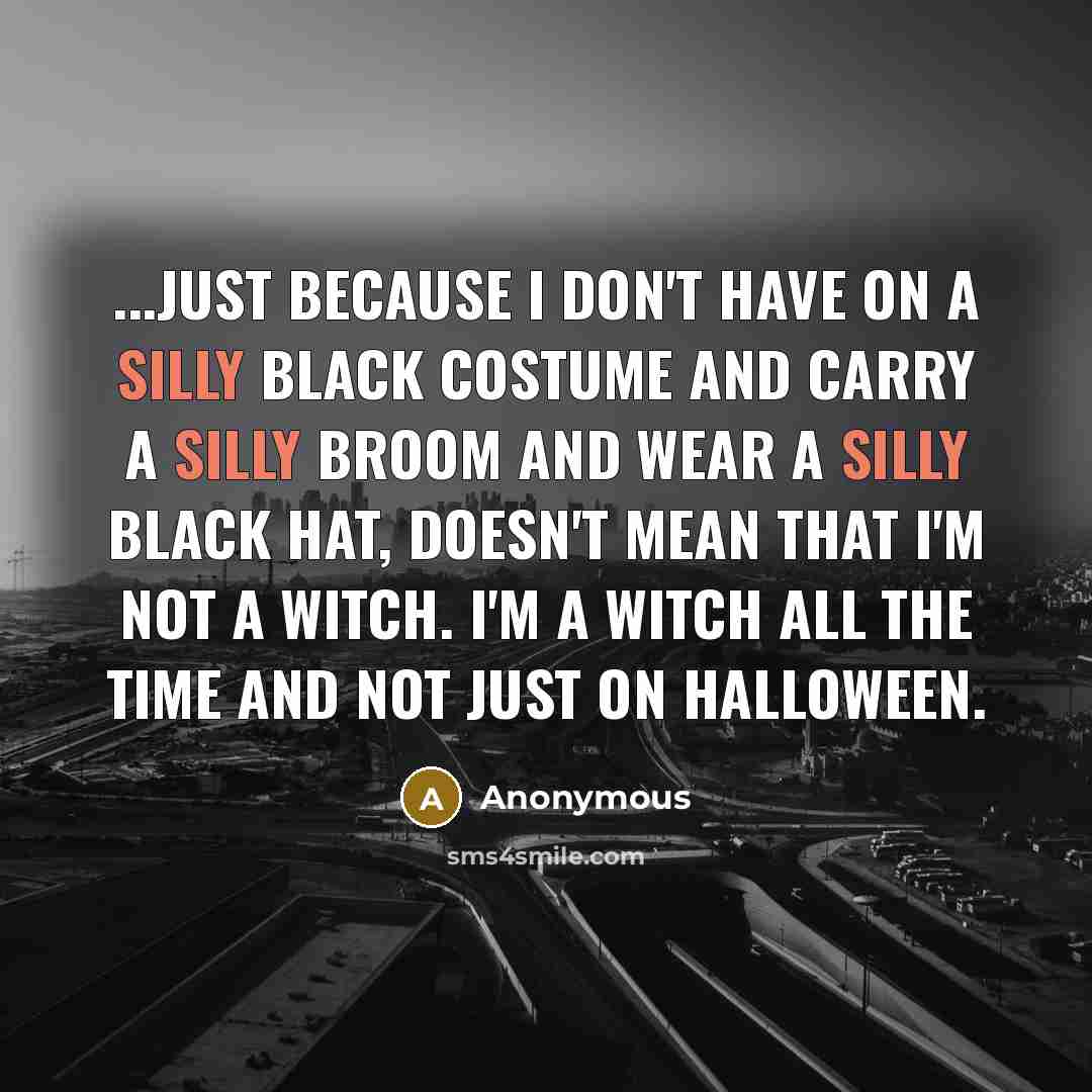 “...just because I don't have on a silly black costume and carry a silly broom and wear a silly black hat, doesn't mean that I'm not a witch. I'm a witch all the time and not just on Halloween.” quote by Anonymous