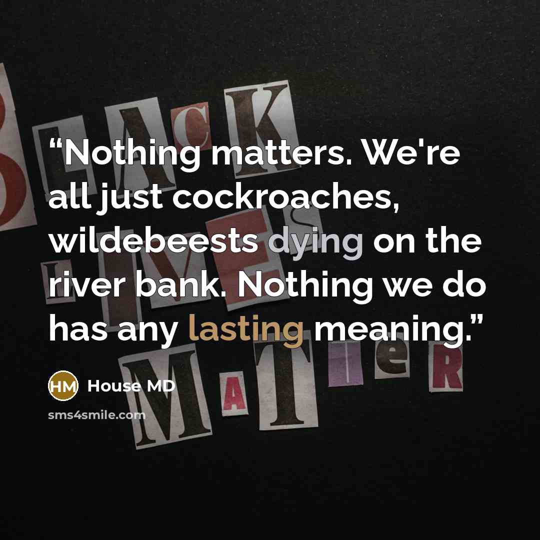 “Nothing matters. We're all just cockroaches, wildebeests dying on the river bank. Nothing we do has any lasting meaning.” quote by House MD