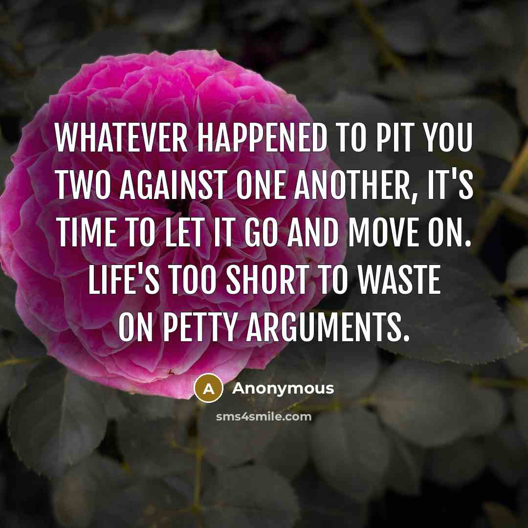 “Whatever happened to pit you two against one another, it's time to let it go and move on. Life's too short to waste on petty arguments.” quote by Anonymous