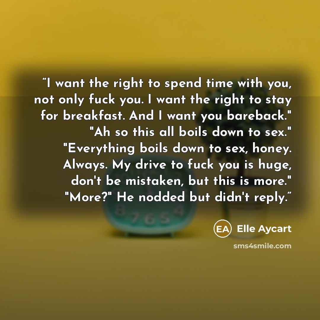 “I want the right to spend time with you, not only fuck you. I want the right to stay for breakfast. And I want you bareback." "Ah so this all boils down to sex." "Everything boils down to sex, honey. Always. My drive to fuck you is huge, don't be mistaken, but this is more." "More?" He nodded but…” quote by Elle Aycart