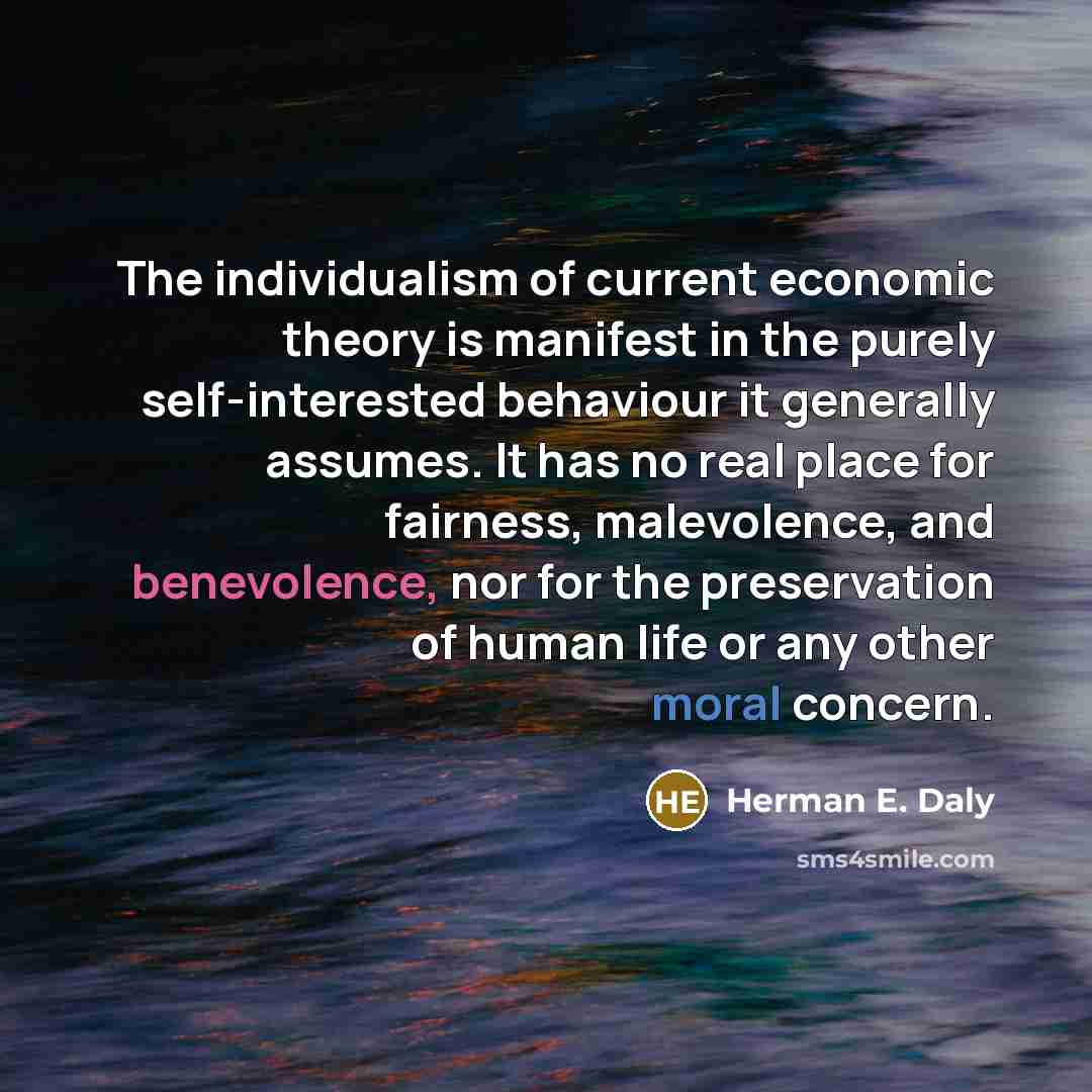 “The individualism of current economic theory is manifest in the purely self-interested behaviour it generally assumes. It has no real place for fairness, malevolence, and benevolence, nor for the preservation of human life or any other moral concern.” quote by Herman E. Daly