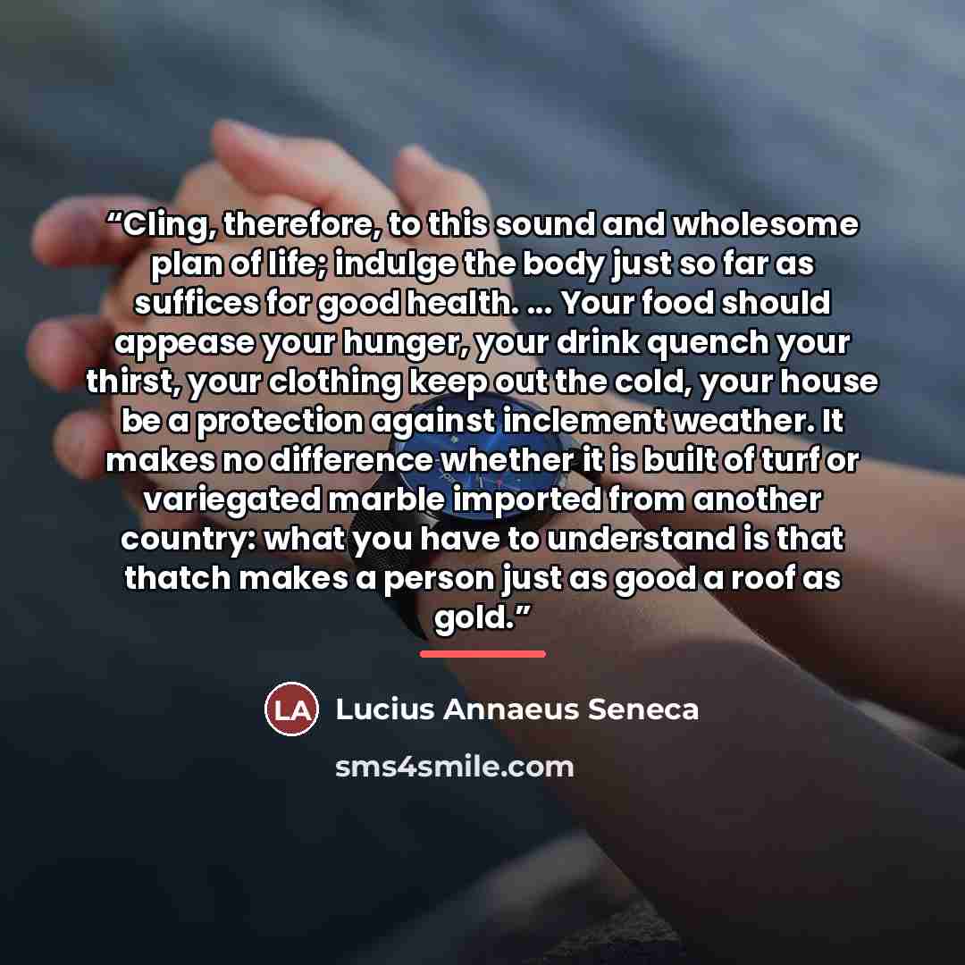 “Cling, therefore, to this sound and wholesome plan of life; indulge the body just so far as suffices for good health. ... Your food should appease your hunger, your drink quench your thirst, your clothing keep out the cold, your house be a protection against inclement weather. It makes no…” quote by Lucius Annaeus Seneca