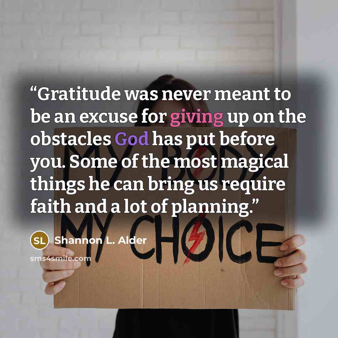 “Gratitude was never meant to be an excuse for giving up on the obstacles God has put before you. Some of the most magical things he can bring us require faith and a lot of planning.” quote by Shannon L. Alder
