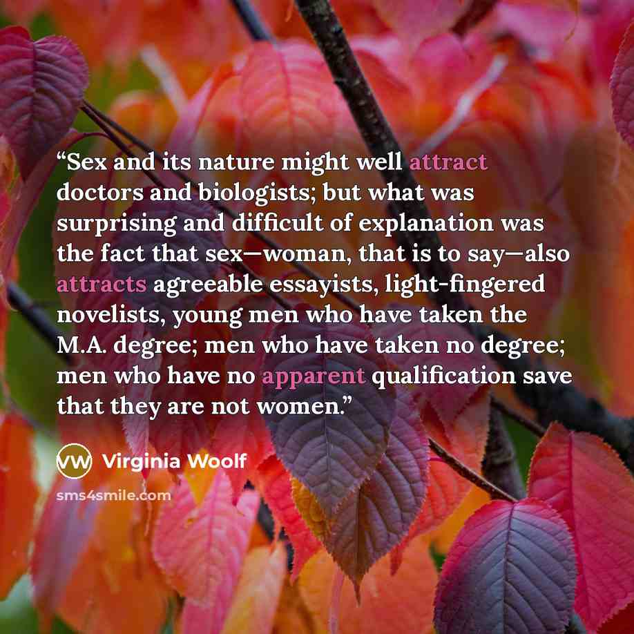 “Sex and its nature might well attract doctors and biologists; but what was surprising and difficult of explanation was the fact that sex—woman, that is to say—also attracts agreeable essayists, light-fingered novelists, young men who have taken the M.A. degree; men who have taken no degree; men…” quote by Virginia Woolf