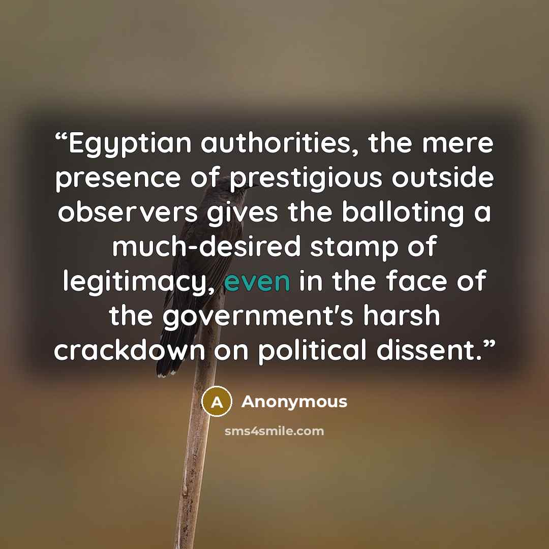 “Egyptian authorities, the mere presence of prestigious outside observers gives the balloting a much-desired stamp of legitimacy, even in the face of the government's harsh crackdown on political dissent.” quote by Anonymous