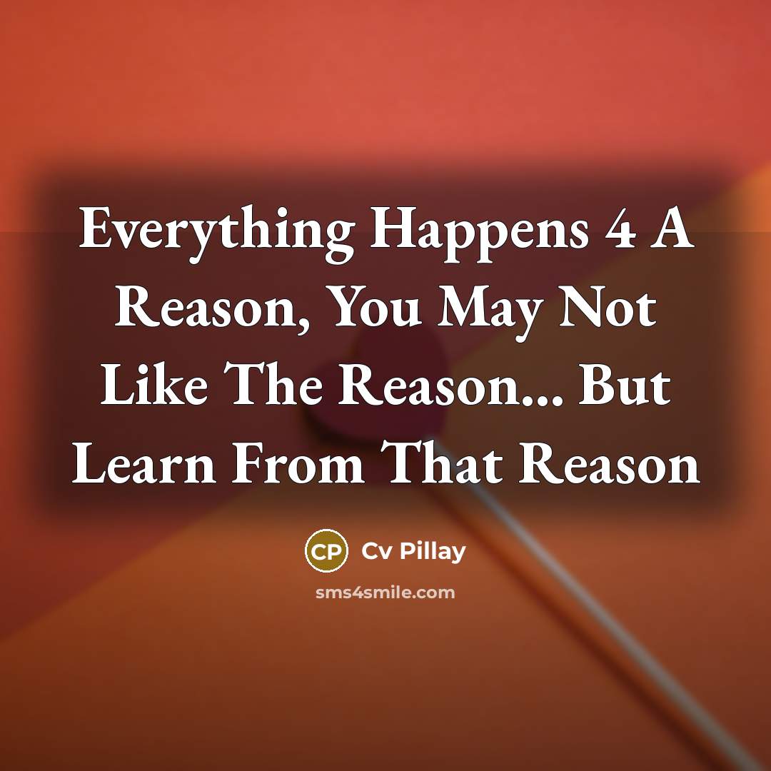 “Everything Happens 4 A Reason, You May Not Like The Reason... But Learn From That Reason” quote by Cv Pillay