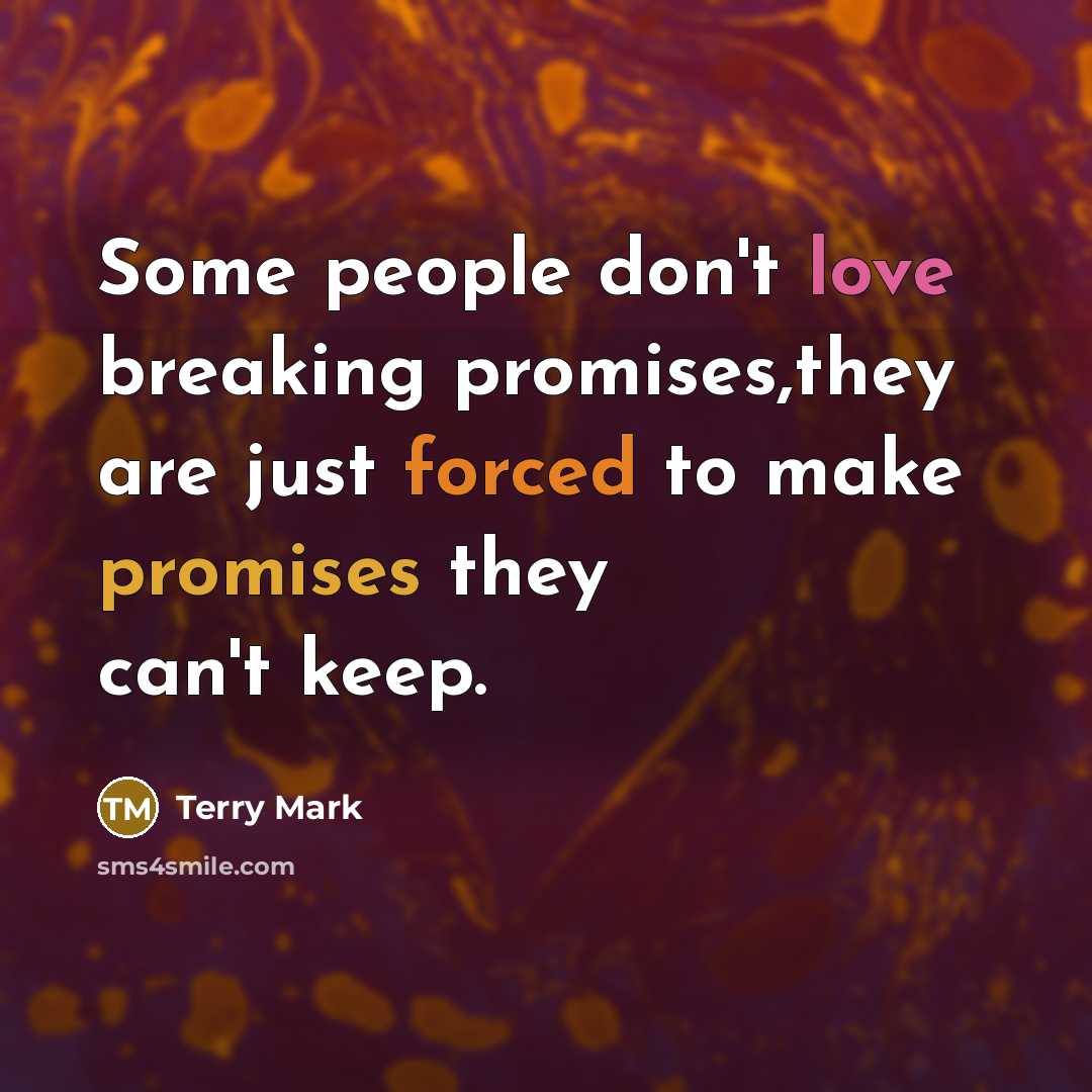 “Some people don't love breaking promises,they are just forced to make promises they can't keep.” quote by Terry Mark