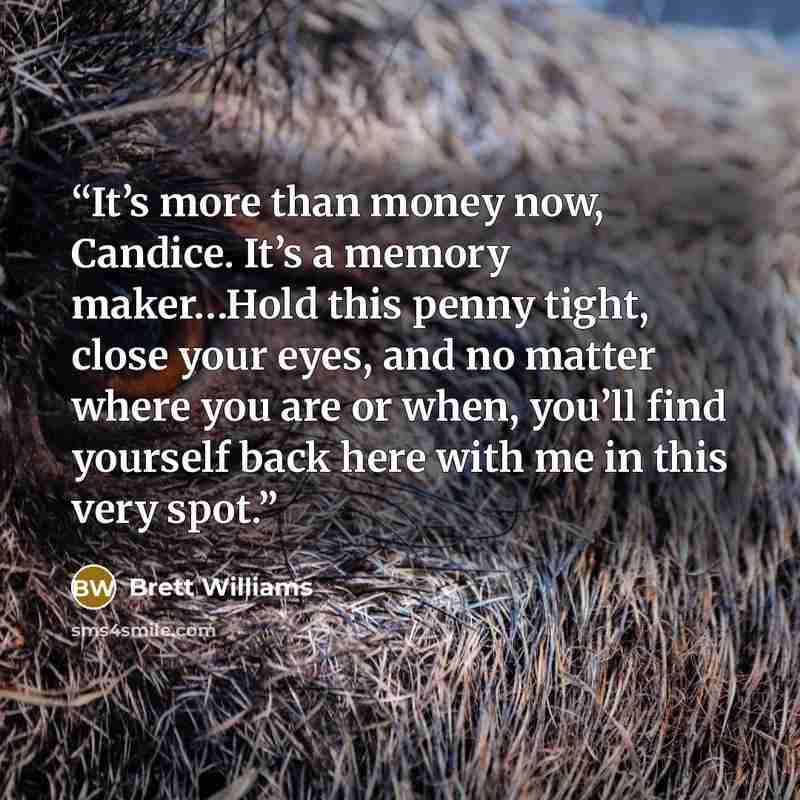 “It’s more than money now, Candice. It’s a memory maker…Hold this penny tight, close your eyes, and no matter where you are or when, you’ll find yourself back here with me in this very spot.” quote by Brett Williams
