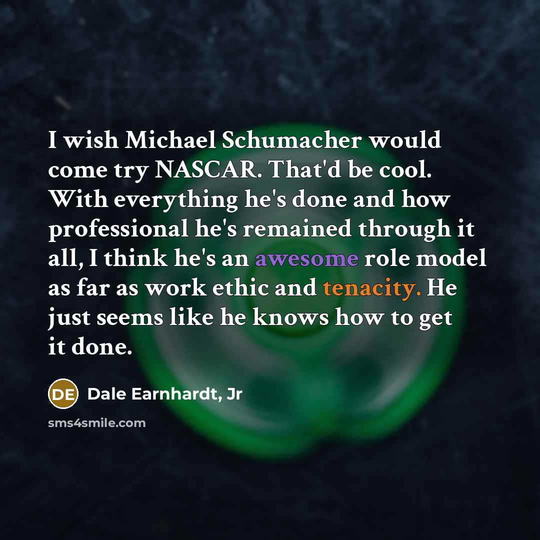 “I wish Michael Schumacher would come try NASCAR. That'd be cool. With everything he's done and how professional he's remained through it all, I think he's an awesome role model as far as work ethic and tenacity. He just seems like he knows how to get it done.” quote by Dale Earnhardt, Jr