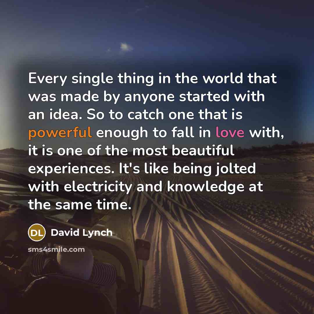 “Every single thing in the world that was made by anyone started with an idea. So to catch one that is powerful enough to fall in love with, it is one of the most beautiful experiences. It's like being jolted with electricity and knowledge at the same time.” quote by David Lynch
