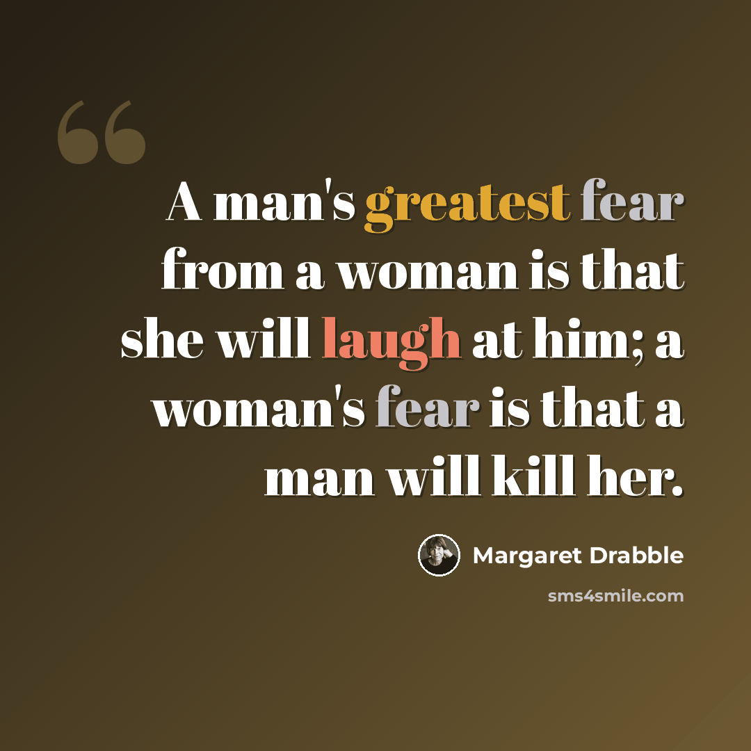 “A man's greatest fear from a woman is that she will laugh at him; a woman's fear is that a man will kill her.” quote by Margaret Drabble