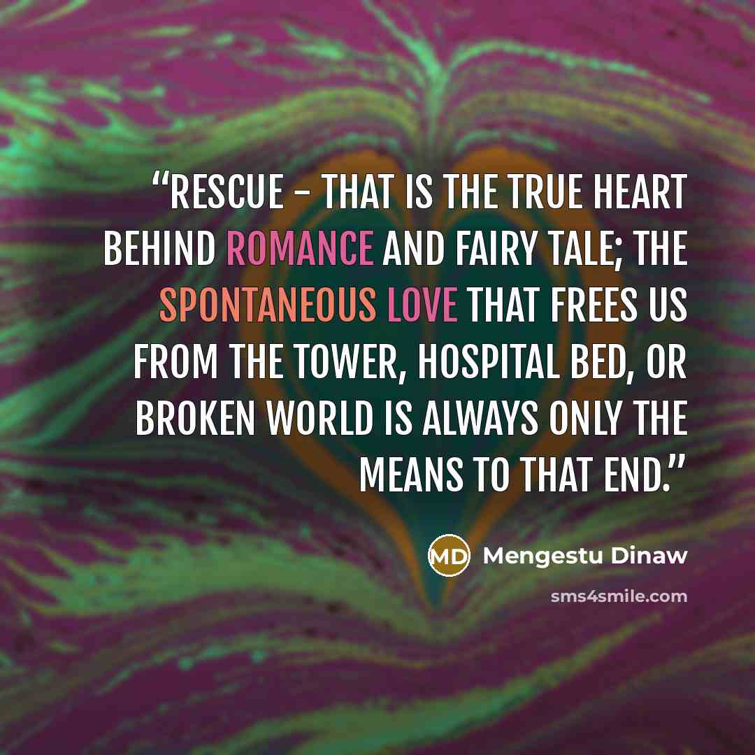 “Rescue - that is the true heart behind romance and fairy tale; the spontaneous love that frees us from the tower, hospital bed, or broken world is always only the means to that end.” quote by Mengestu Dinaw