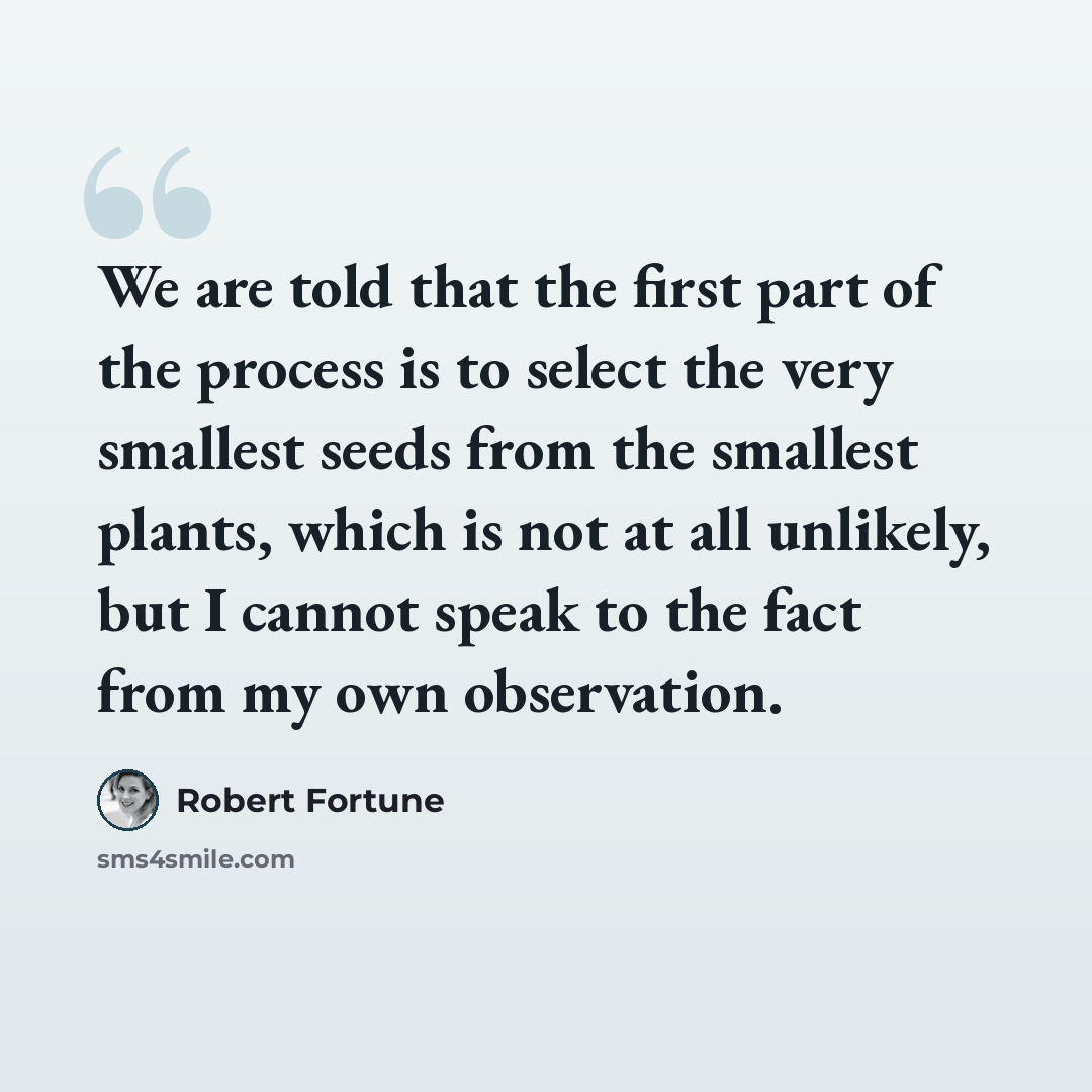 “We are told that the first part of the process is to select the very smallest seeds from the smallest plants, which is not at all unlikely, but I cannot speak to the fact from my own observation.” quote by Robert Fortune