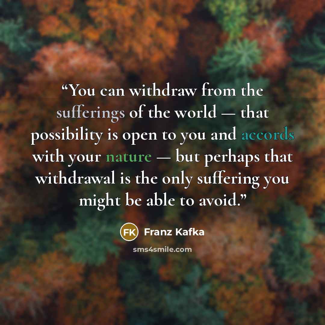 “You can withdraw from the sufferings of the world — that possibility is open to you and accords with your nature — but perhaps that withdrawal is the only suffering you might be able to avoid.” quote by Franz Kafka
