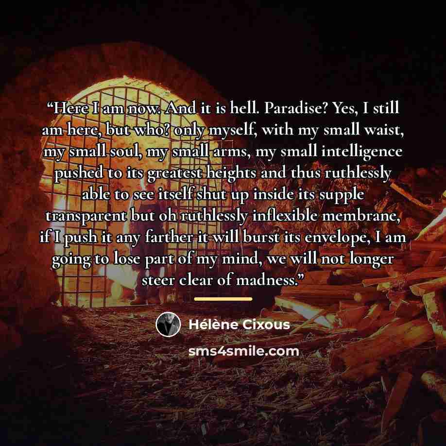 “Here I am now. And it is hell. Paradise? Yes, I still am here, but who? only myself, with my small waist, my small soul, my small arms, my small intelligence pushed to its greatest heights and thus ruthlessly able to see itself shut up inside its supple transparent but oh ruthlessly inflexible…” quote by Hélène Cixous