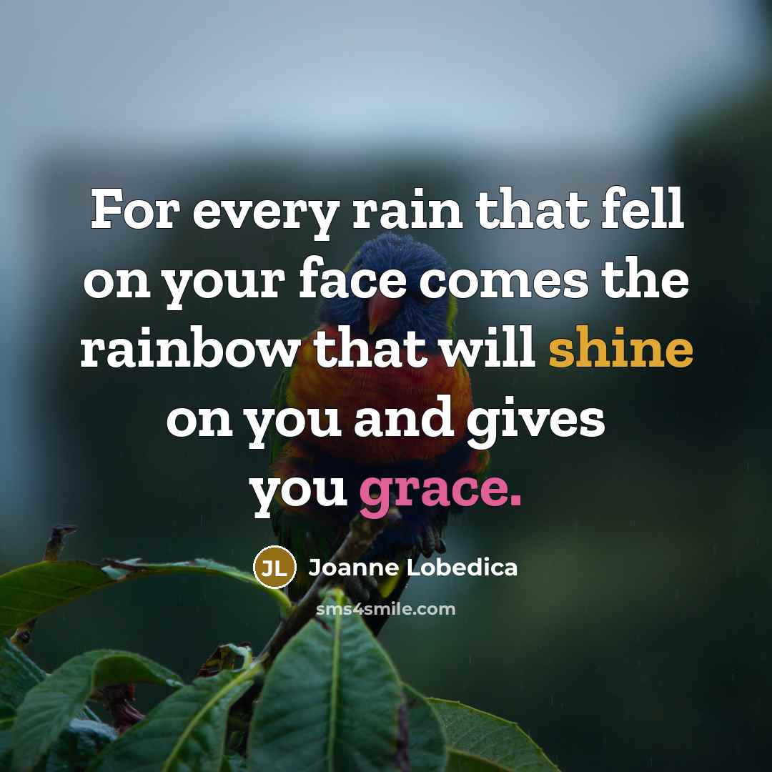 “For every rain that fell on your face comes the rainbow that will shine on you and gives you grace.” quote by Joanne Lobedica