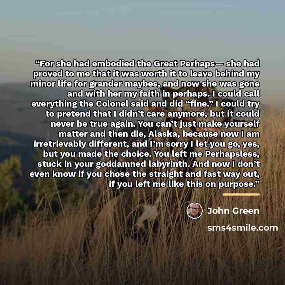 “For she had embodied the Great Perhaps— she had proved to me that it was worth it to leave behind my minor life for grander maybes, and now she was gone and with her my faith in perhaps. I could call everything the Colonel said and did “fine.” I could try to pretend that I didn’t care anymore, but…” quote by John Green