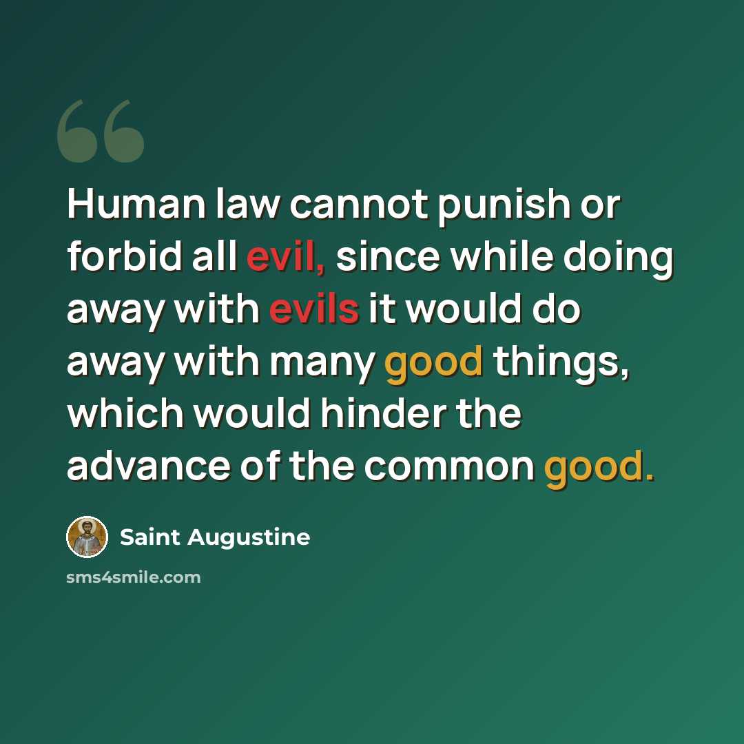 “Human law cannot punish or forbid all evil, since while doing away with evils it would do away with many good things, which would hinder the advance of the common good.” quote by Saint Augustine