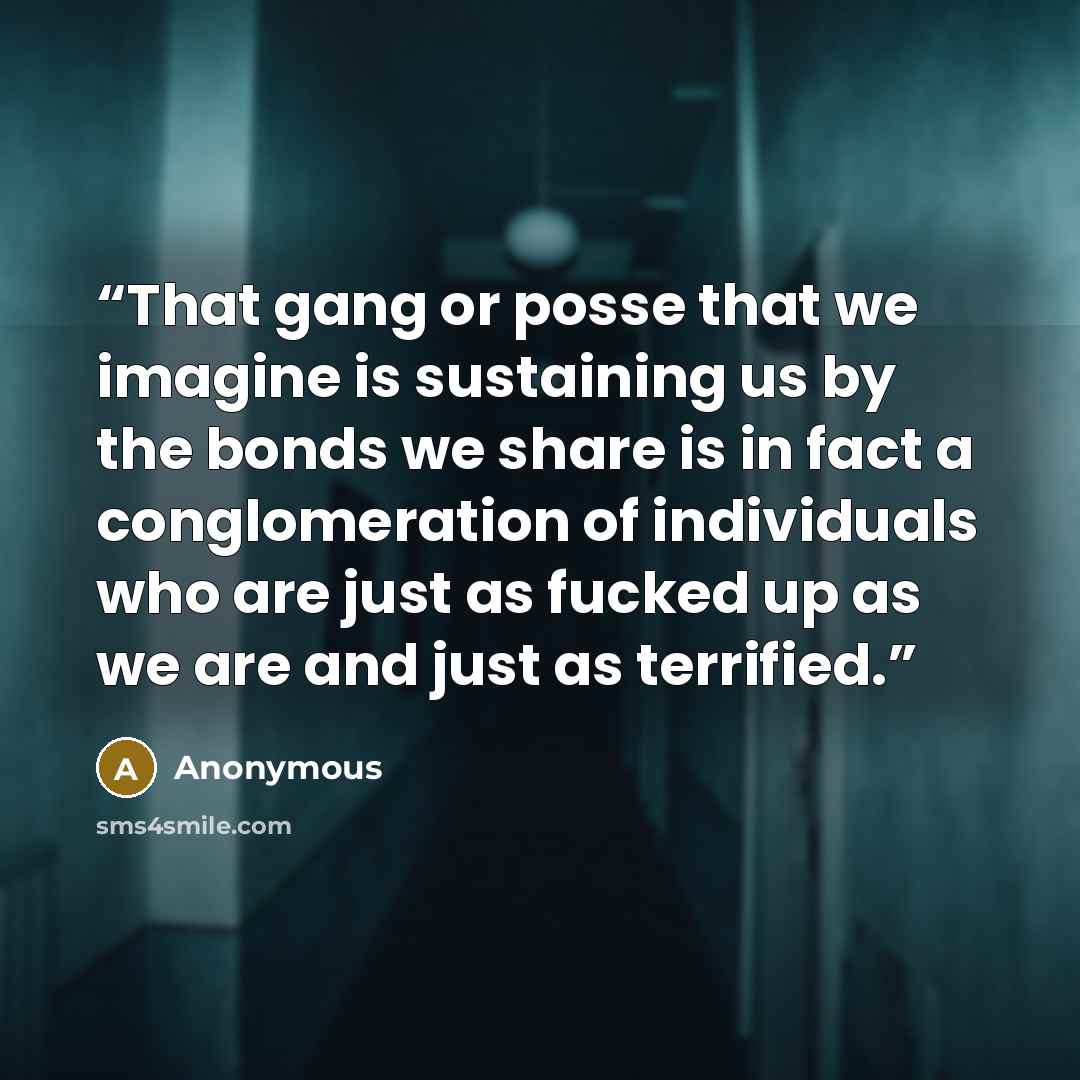 “That gang or posse that we imagine is sustaining us by the bonds we share is in fact a conglomeration of individuals who are just as fucked up as we are and just as terrified.” quote by Anonymous