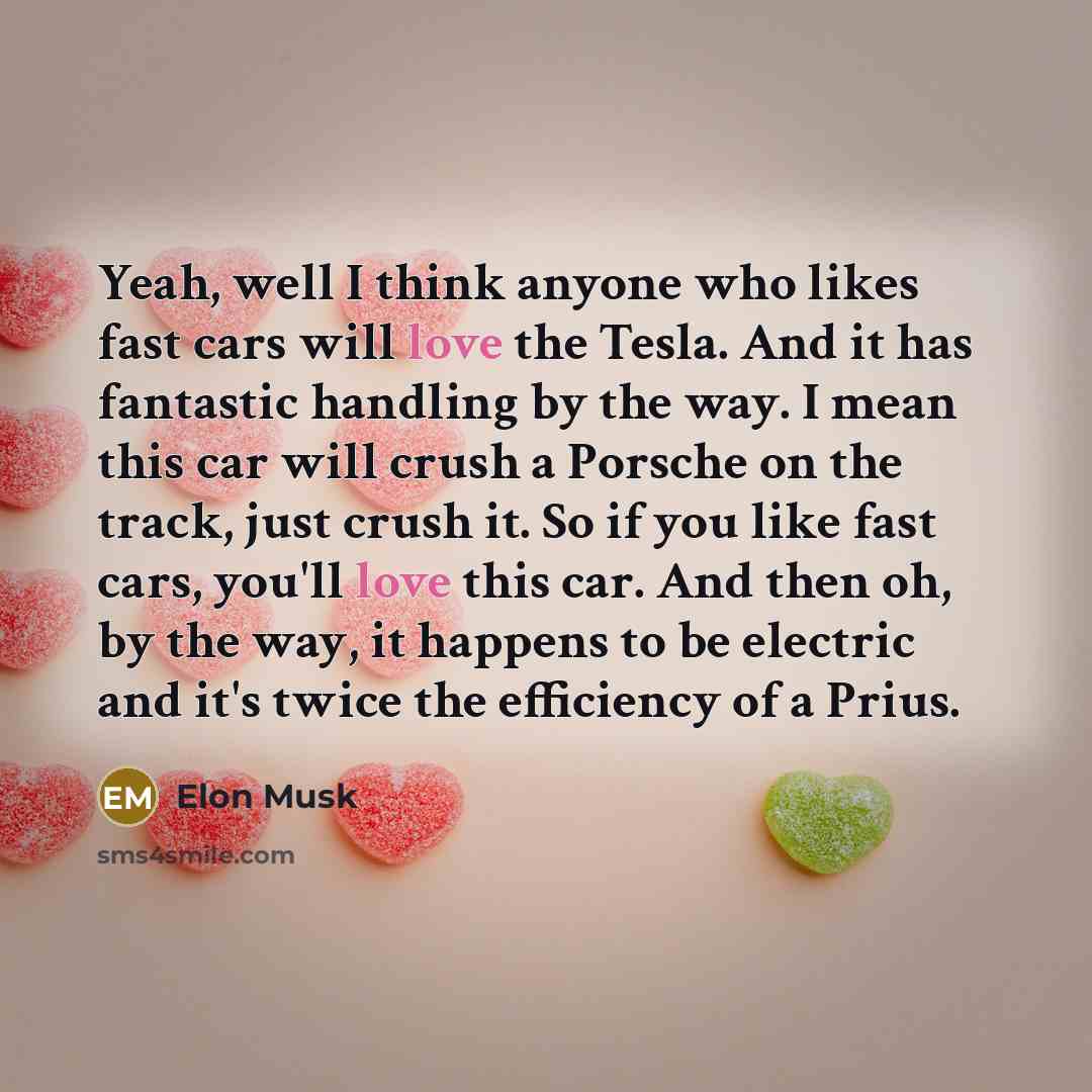 “Yeah, well I think anyone who likes fast cars will love the Tesla. And it has fantastic handling by the way. I mean this car will crush a Porsche on the track, just crush it. So if you like fast cars, you'll love this car. And then oh, by the way, it happens to be electric and it's twice the…” quote by Elon Musk