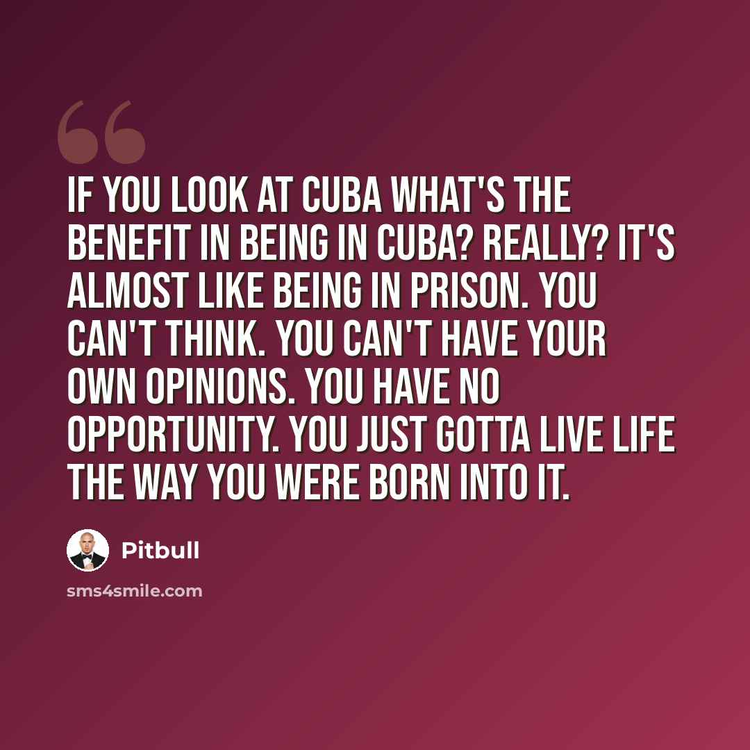 “If you look at Cuba what's the benefit in being in Cuba? Really? It's almost like being in prison. You can't think. You can't have your own opinions. You have no opportunity. You just gotta live life the way you were born into it.” quote by Pitbull