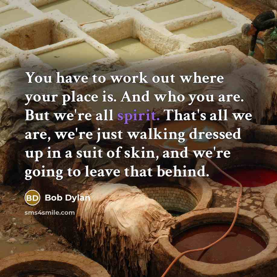 “You have to work out where your place is. And who you are. But we're all spirit. That's all we are, we're just walking dressed up in a suit of skin, and we're going to leave that behind.” quote by Bob Dylan
