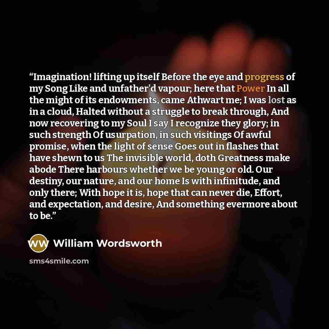 “Imagination! lifting up itself Before the eye and progress of my Song Like and unfather'd vapour; here that Power In all the might of its endowments, came Athwart me; I was lost as in a cloud, Halted without a struggle to break through, And now recovering to my Soul I say I recognize they glory…” quote by William Wordsworth