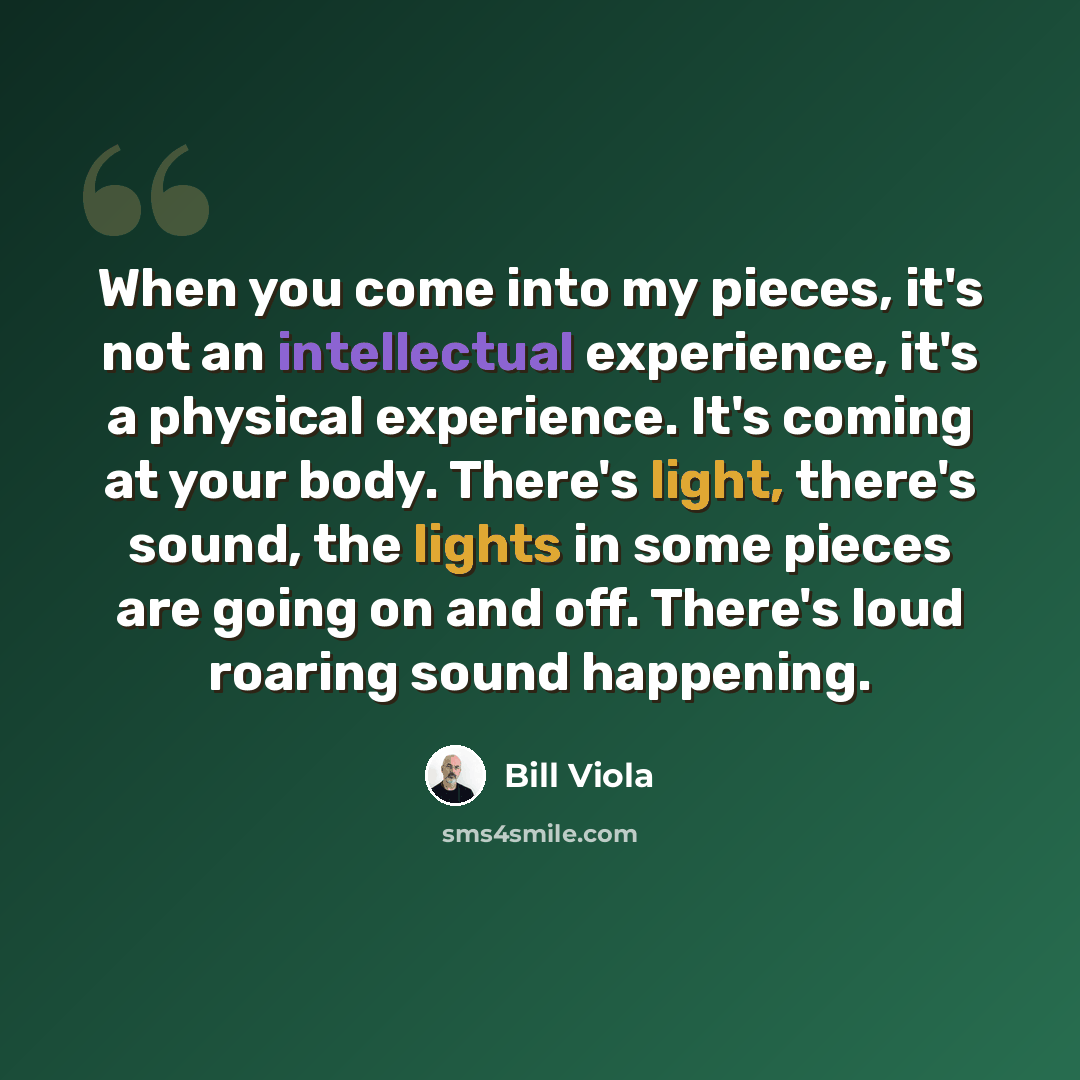 “When you come into my pieces, it's not an intellectual experience, it's a physical experience. It's coming at your body. There's light, there's sound, the lights in some pieces are going on and off. There's loud roaring sound happening.” quote by Bill Viola