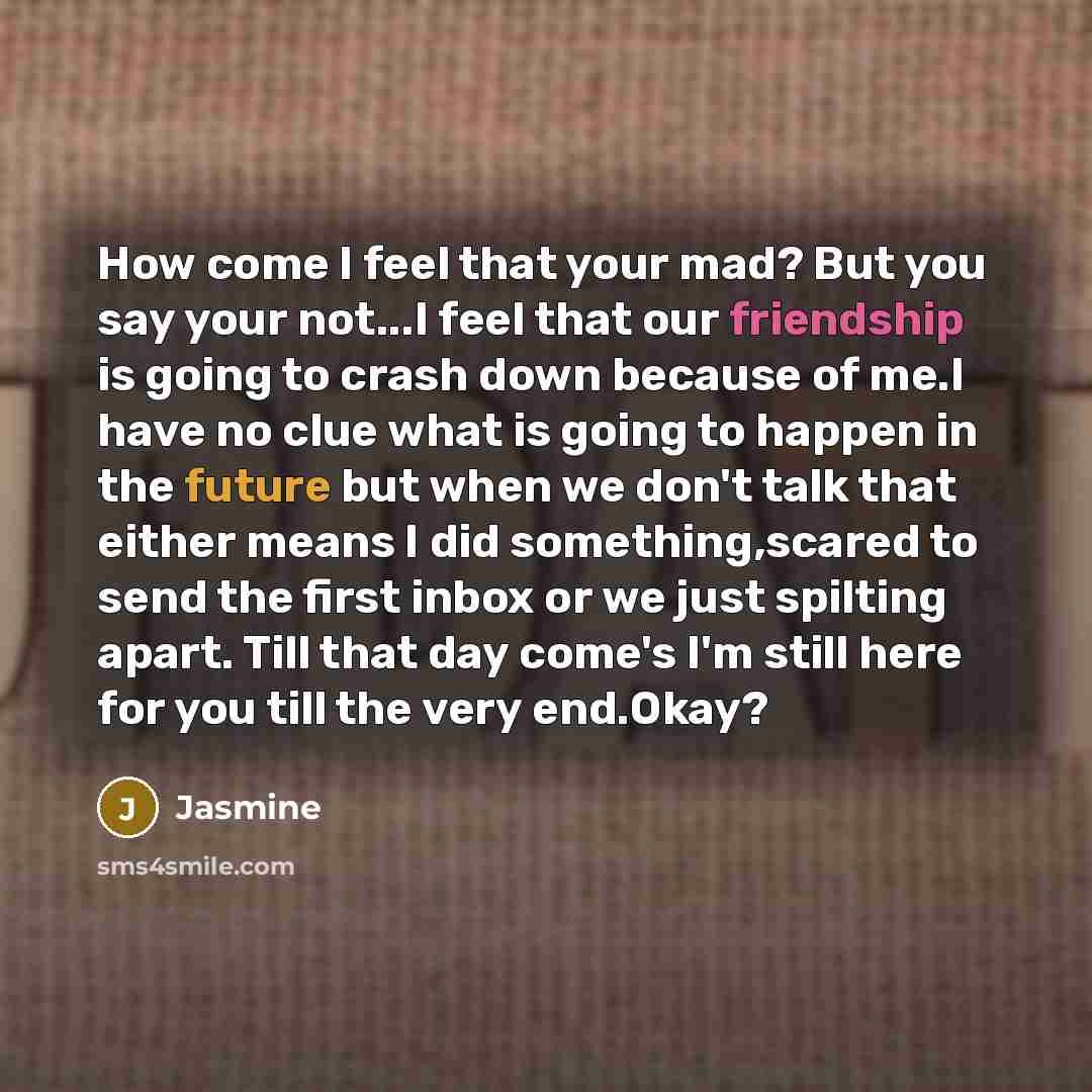 “How come I feel that your mad? But you say your not...I feel that our friendship is going to crash down because of me.I have no clue what is going to happen in the future but when we don't talk that either means I did something,scared to send the first inbox or we just spilting apart. Till that…” quote by Jasmine