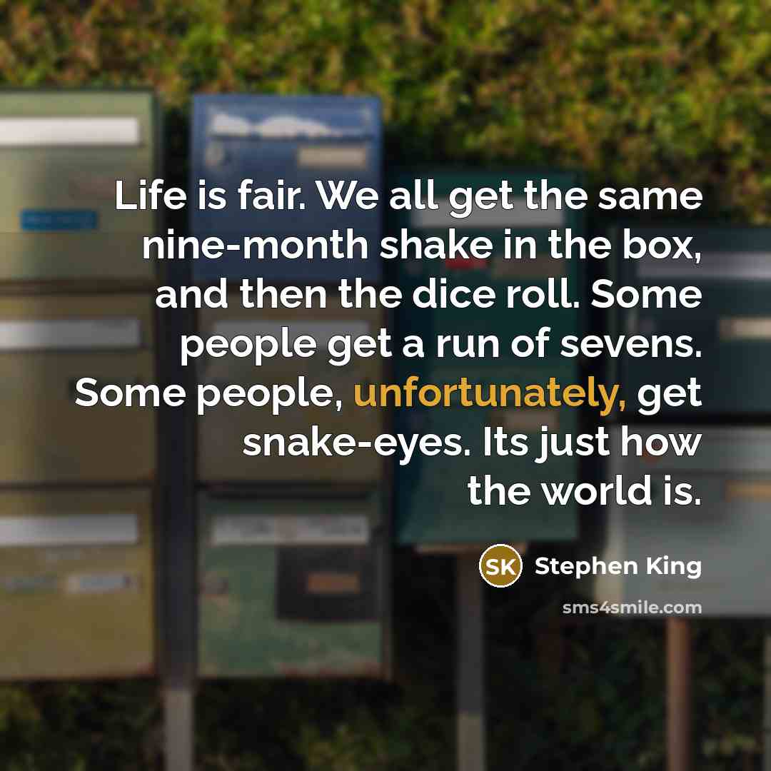 “Life is fair. We all get the same nine-month shake in the box, and then the dice roll. Some people get a run of sevens. Some people, unfortunately, get snake-eyes. Its just how the world is.” quote by Stephen King