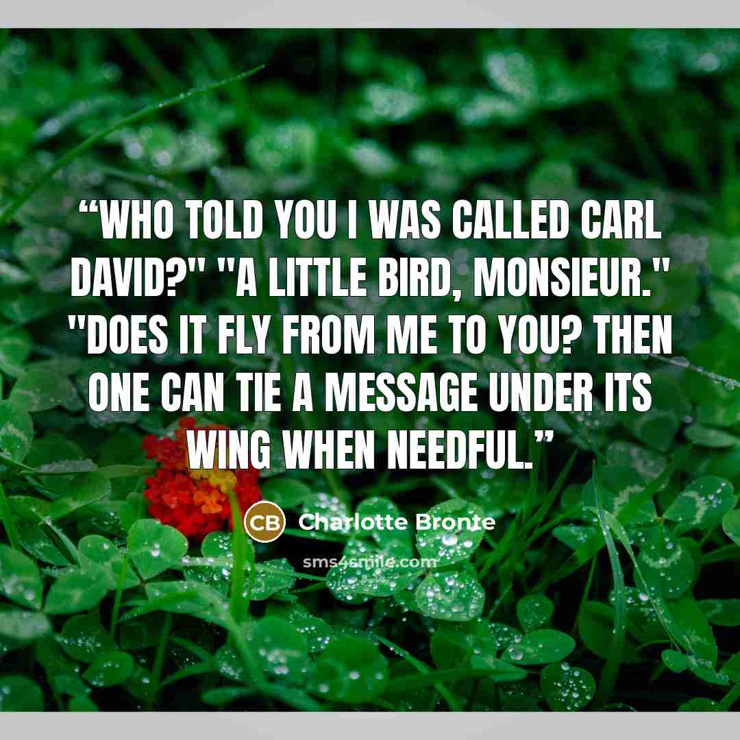 “Who told you I was called Carl David?" "A little bird, Monsieur." "Does it fly from me to you? Then one can tie a message under its wing when needful.” quote by Charlotte Brontë