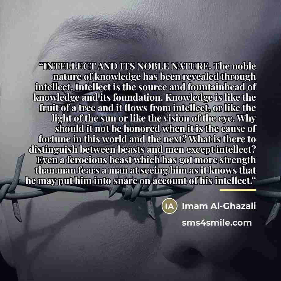 “INTELLECT AND ITS NOBLE NATURE. The noble nature of knowledge has been revealed through intellect. Intellect is the source and fountainhead of knowledge and its foundation. Knowledge is like the fruit of a tree and it flows from intellect, or like the light of the sun or like the vision of the…” quote by Imam Al-Ghazali