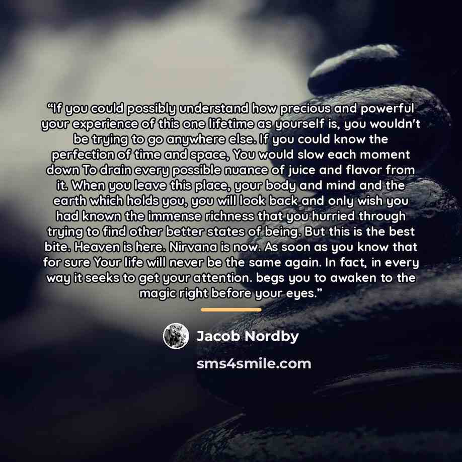 “If you could possibly understand how precious and powerful your experience of this one lifetime as yourself is, you wouldn't be trying to go anywhere else. If you could know the perfection of time and space, You would slow each moment down To drain every possible nuance of juice and flavor from…” quote by Jacob Nordby