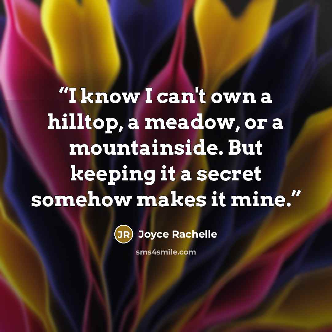 “I know I can't own a hilltop, a meadow, or a mountainside. But keeping it a secret somehow makes it mine.” quote by Joyce Rachelle